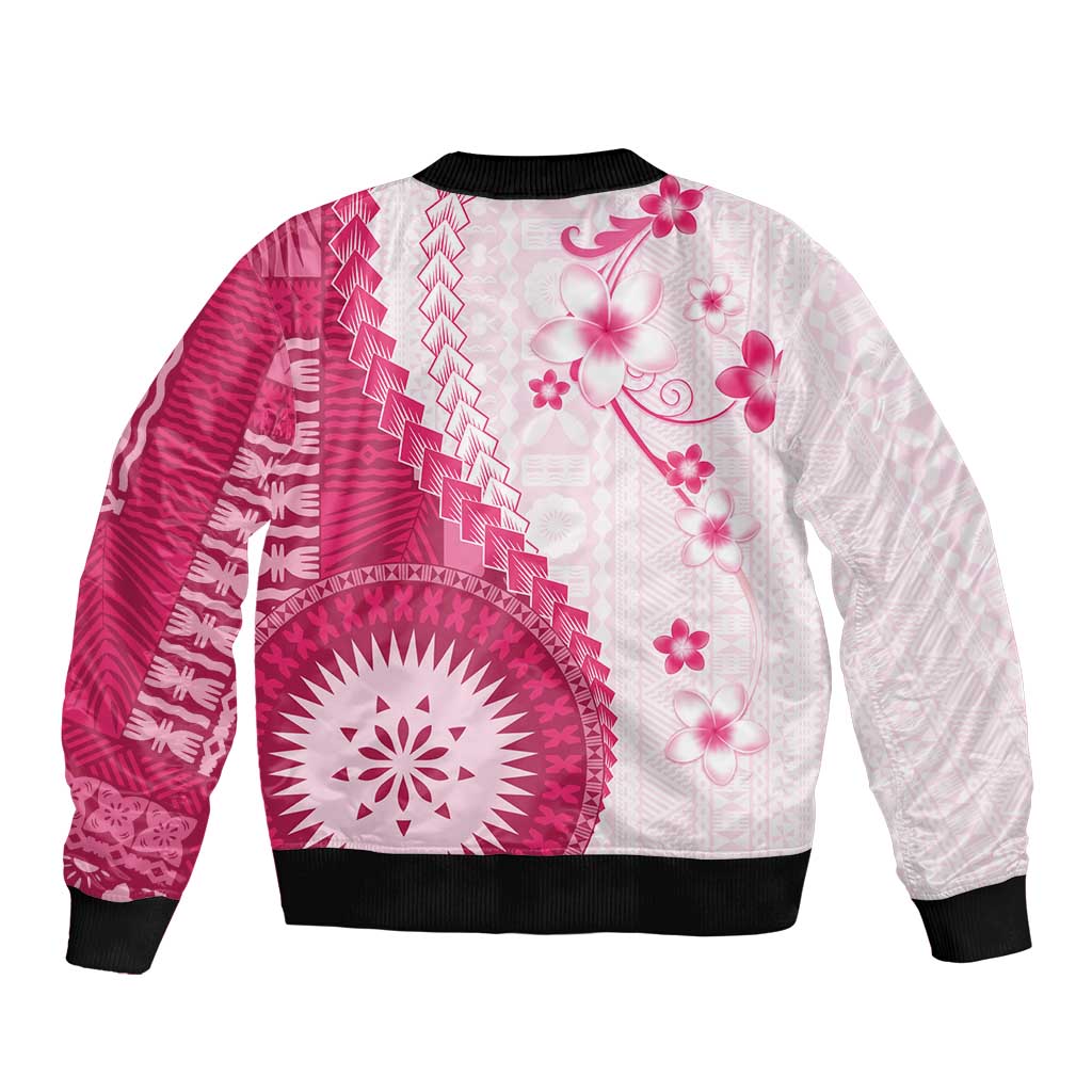 Bula Fiji Sleeve Zip Bomber Jacket Pink Plumeria Masi Tapa Pattern - Polynesian Pride