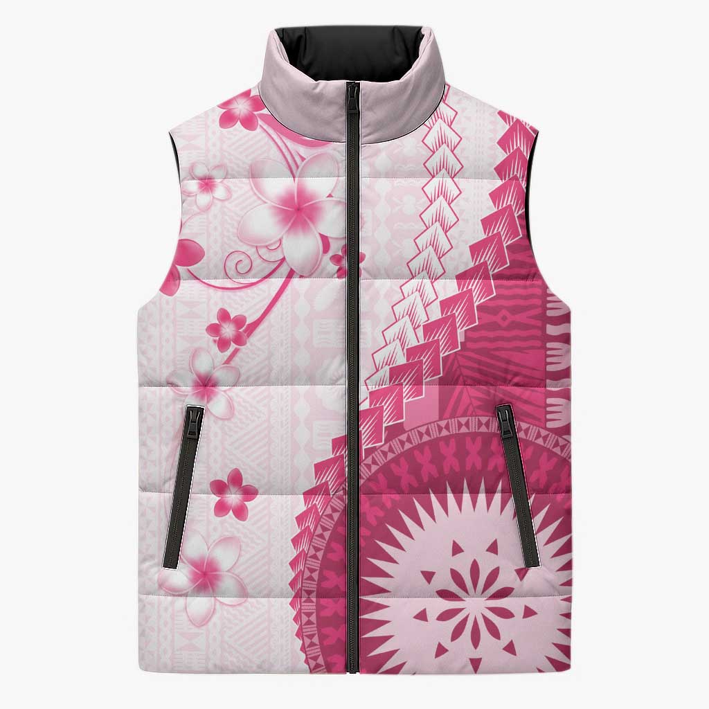 Bula Fiji Sleeveless Puffer Jacket Pink Plumeria Masi Tapa Pattern LT05 Unisex Pink - Polynesian Pride