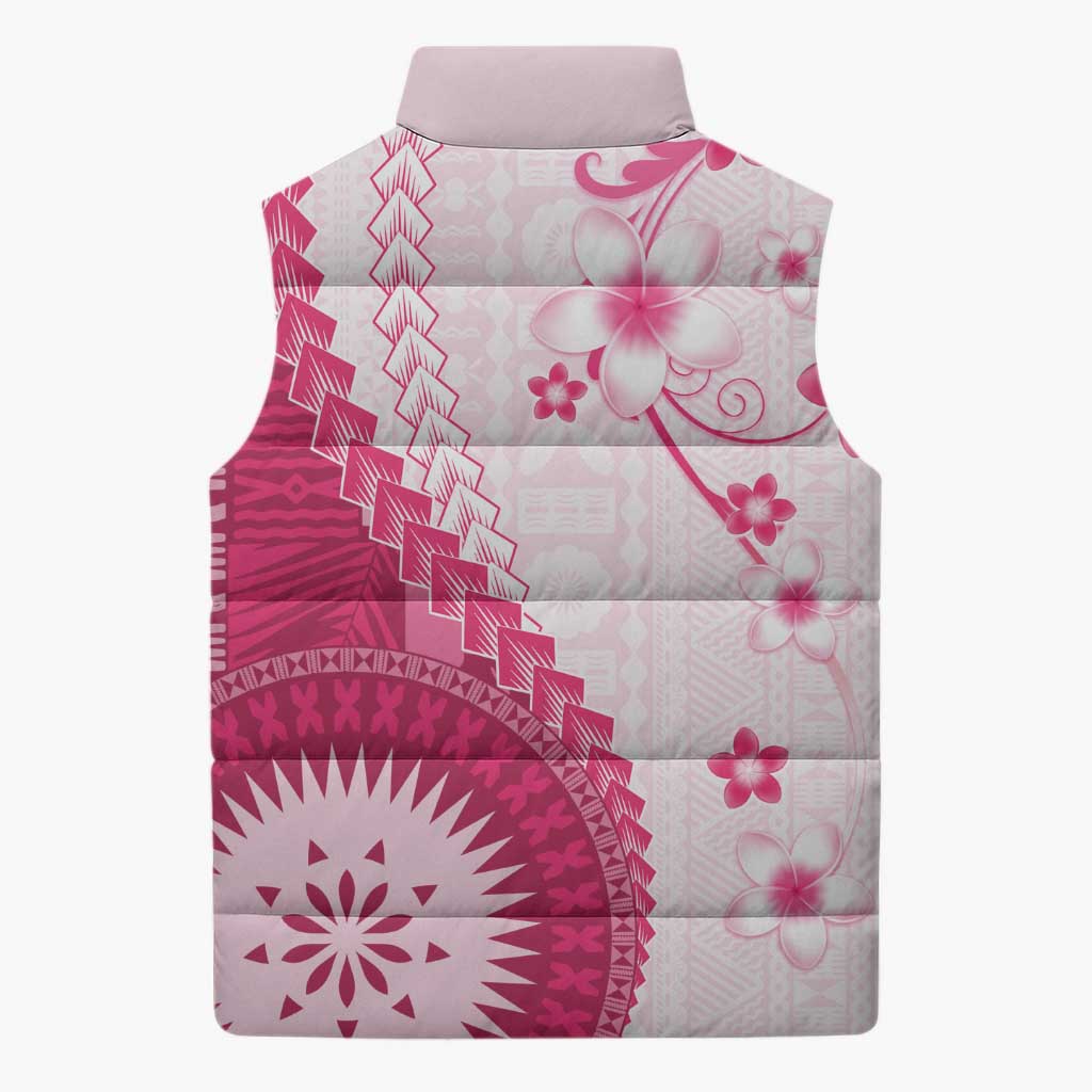Bula Fiji Sleeveless Puffer Jacket Pink Plumeria Masi Tapa Pattern LT05 - Polynesian Pride