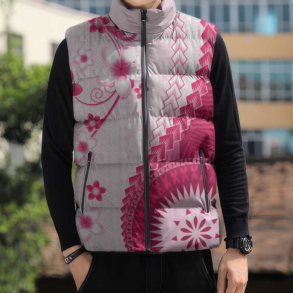 Bula Fiji Sleeveless Puffer Jacket Pink Plumeria Masi Tapa Pattern LT05 - Polynesian Pride