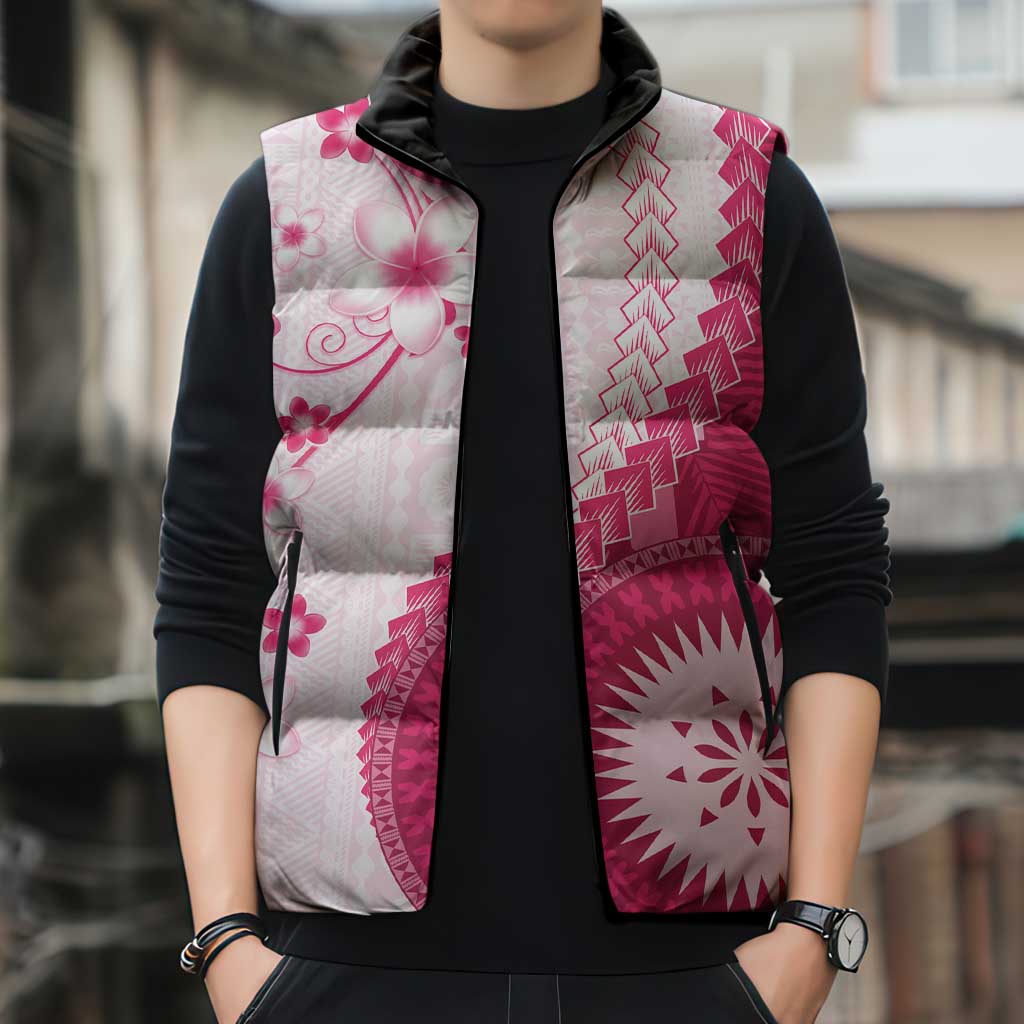 Bula Fiji Sleeveless Puffer Jacket Pink Plumeria Masi Tapa Pattern LT05 - Polynesian Pride