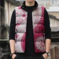 Bula Fiji Sleeveless Puffer Jacket Pink Plumeria Masi Tapa Pattern LT05 - Polynesian Pride