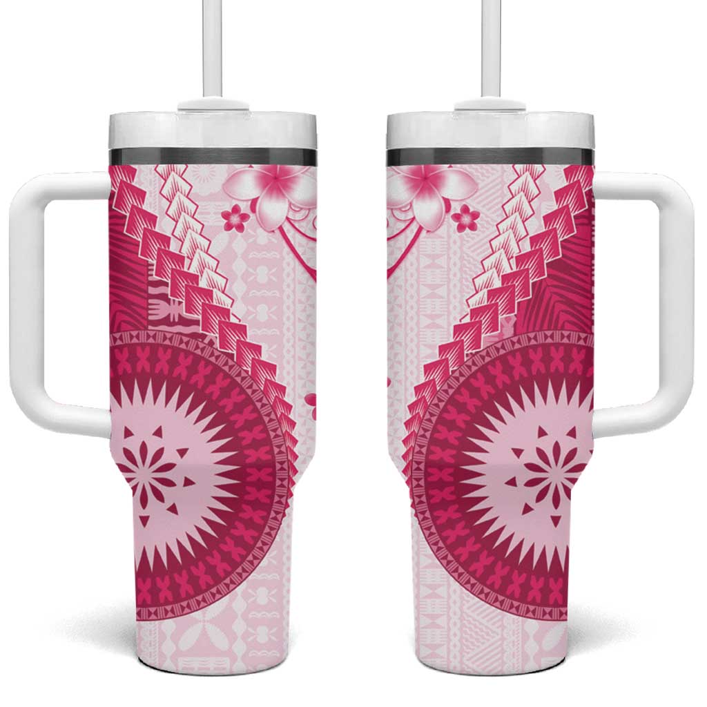 Bula Fiji Tumbler With Handle Pink Plumeria Masi Tapa Pattern - Polynesian Pride