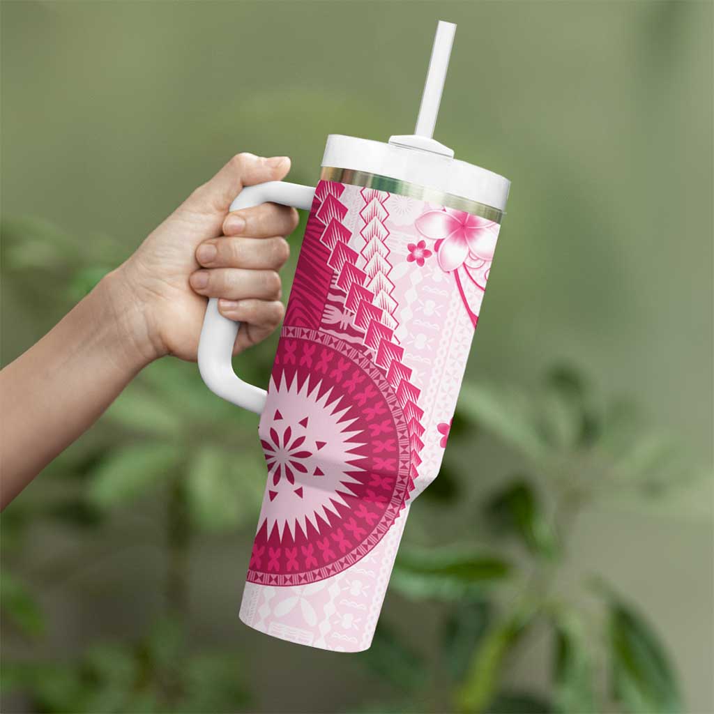 Bula Fiji Tumbler With Handle Pink Plumeria Masi Tapa Pattern - Polynesian Pride