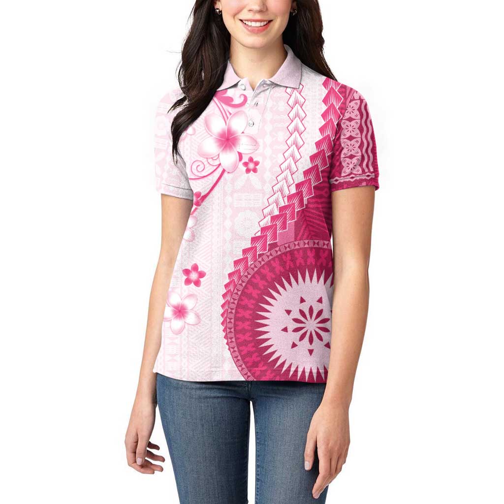Bula Fiji Women Polo Shirt Pink Plumeria Masi Tapa Pattern - Polynesian Pride