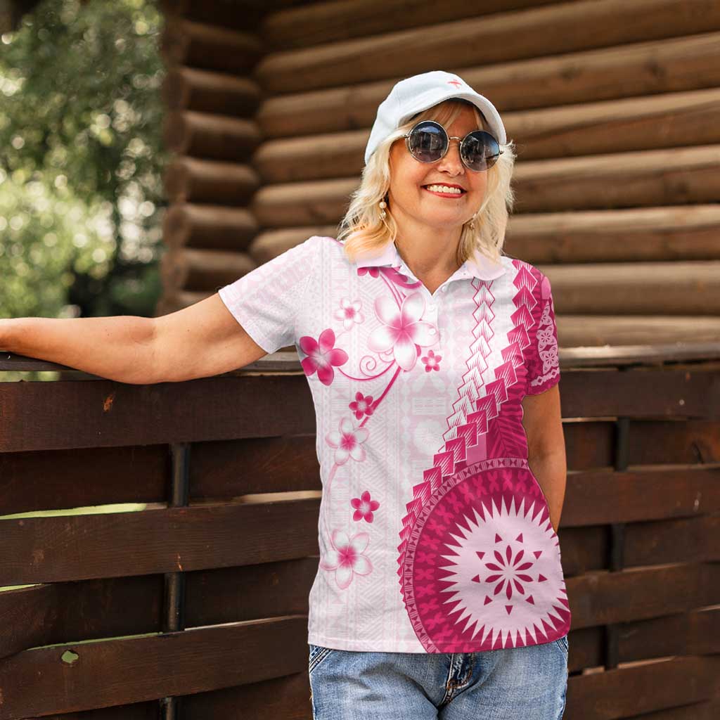 Bula Fiji Women Polo Shirt Pink Plumeria Masi Tapa Pattern - Polynesian Pride