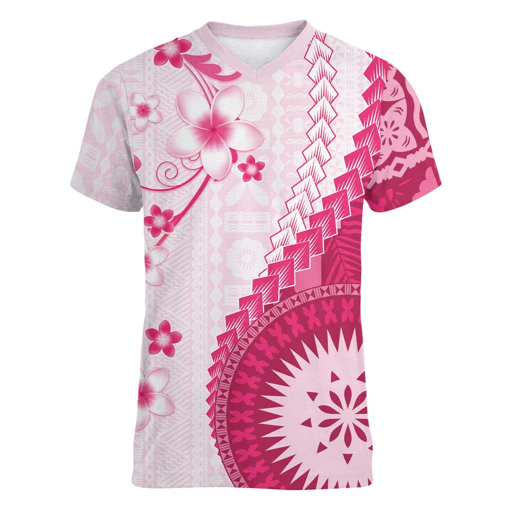 Bula Fiji Women V-Neck T-Shirt Pink Plumeria Masi Tapa Pattern LT05 Female Pink - Polynesian Pride