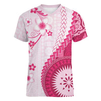 Bula Fiji Women V-Neck T-Shirt Pink Plumeria Masi Tapa Pattern LT05 Female Pink - Polynesian Pride