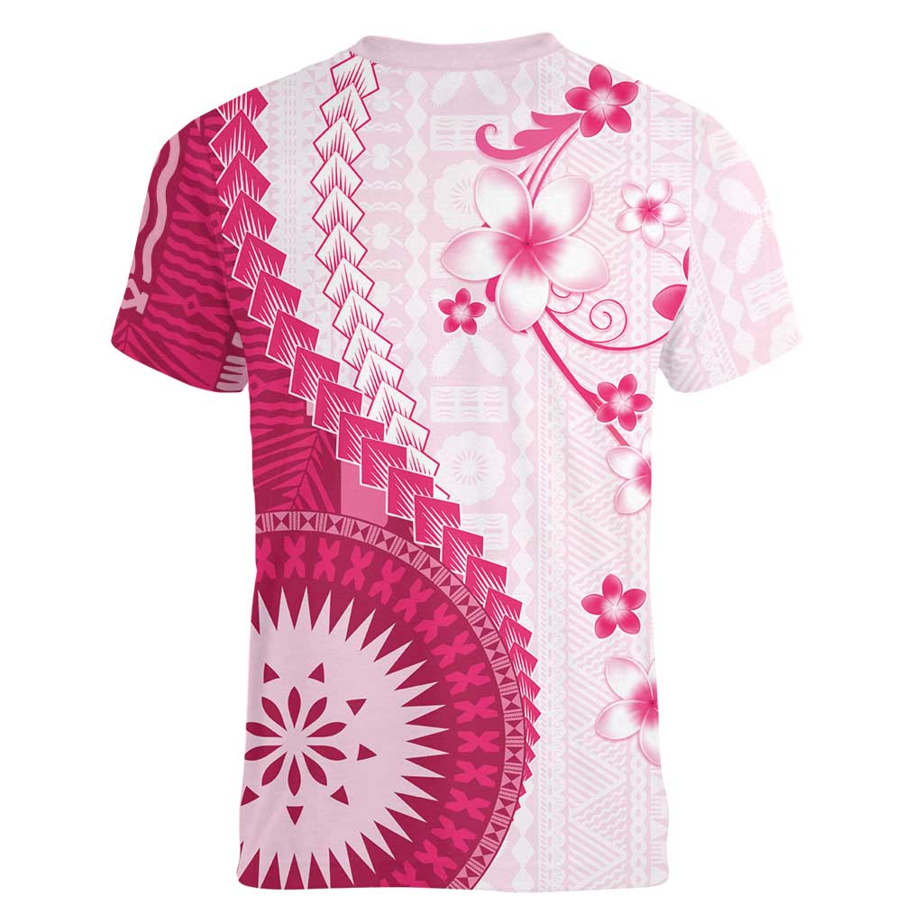 Bula Fiji Women V-Neck T-Shirt Pink Plumeria Masi Tapa Pattern LT05 - Polynesian Pride