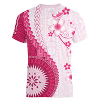 Bula Fiji Women V-Neck T-Shirt Pink Plumeria Masi Tapa Pattern LT05 - Polynesian Pride