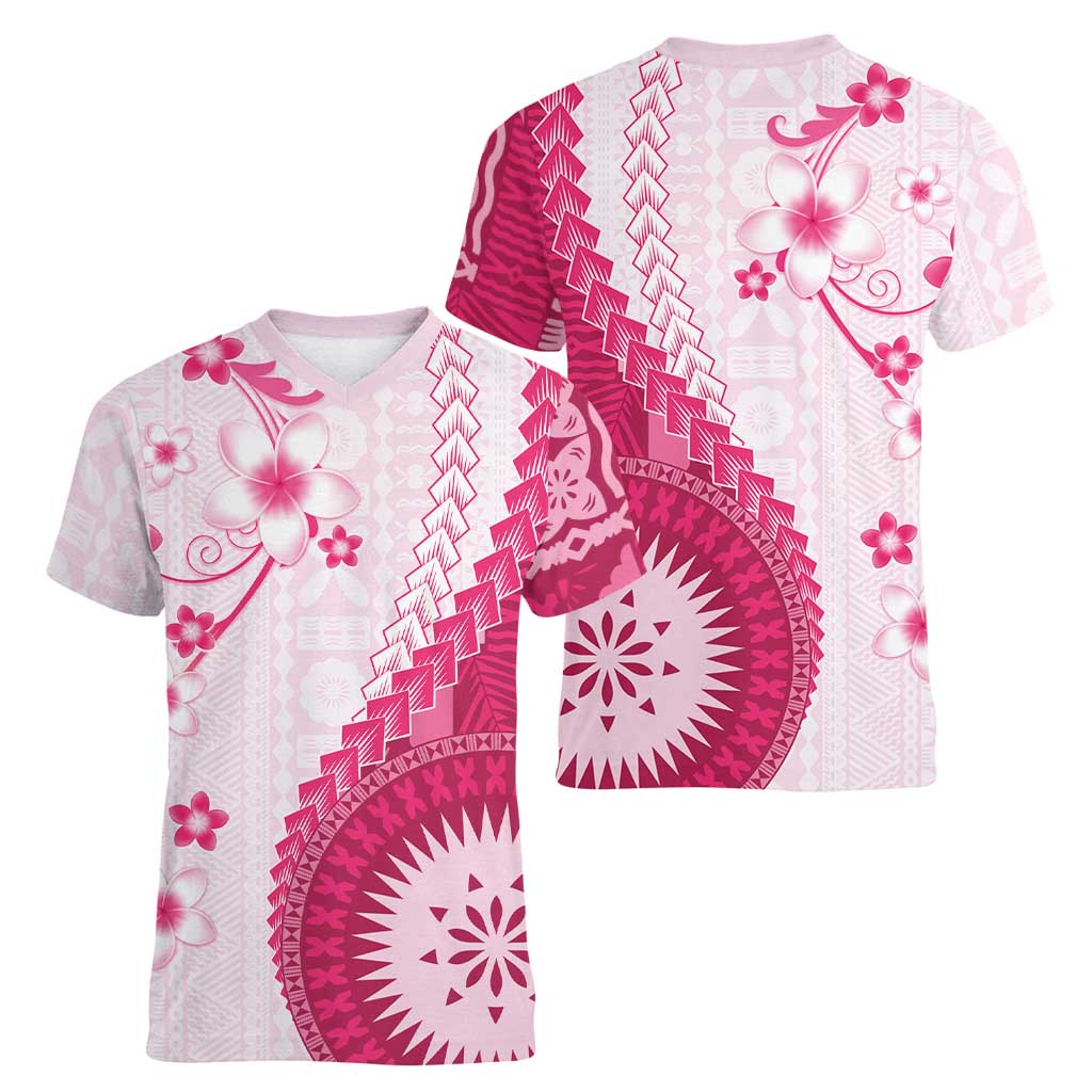 Bula Fiji Women V-Neck T-Shirt Pink Plumeria Masi Tapa Pattern LT05 - Polynesian Pride