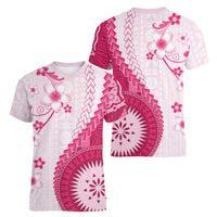 Bula Fiji Women V-Neck T-Shirt Pink Plumeria Masi Tapa Pattern LT05 - Polynesian Pride