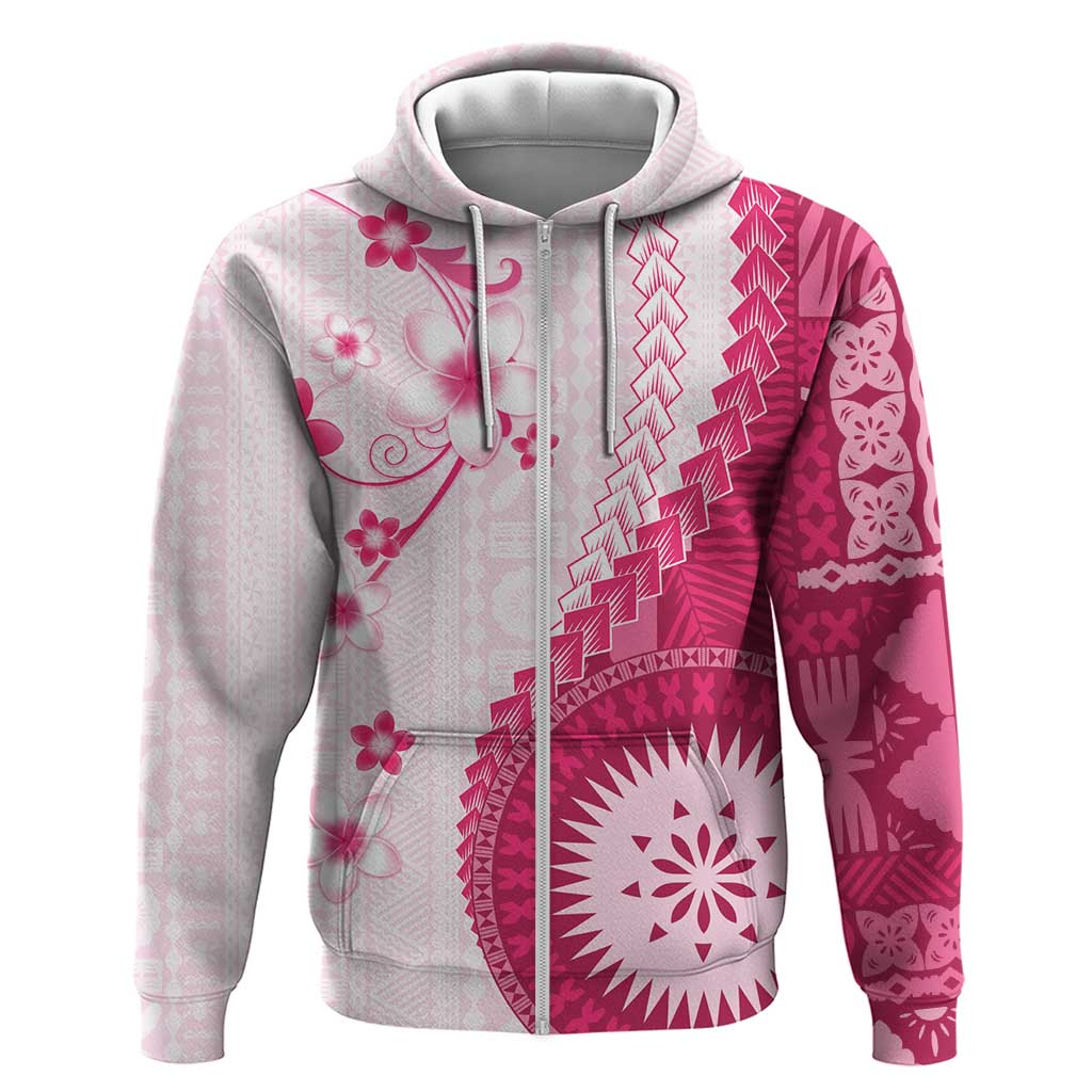 Bula Fiji Zip Hoodie Pink Plumeria Masi Tapa Pattern LT05 Zip Hoodie Pink - Polynesian Pride