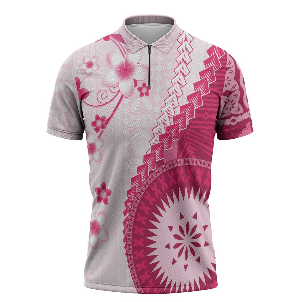Bula Fiji Zipper Polo Shirt Pink Plumeria Masi Tapa Pattern LT05 Pink - Polynesian Pride
