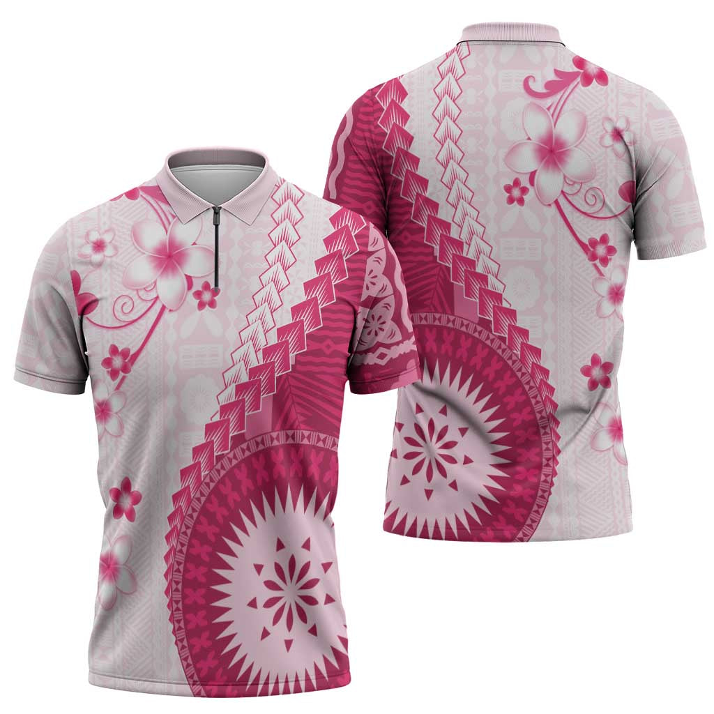 Bula Fiji Zipper Polo Shirt Pink Plumeria Masi Tapa Pattern LT05 - Polynesian Pride