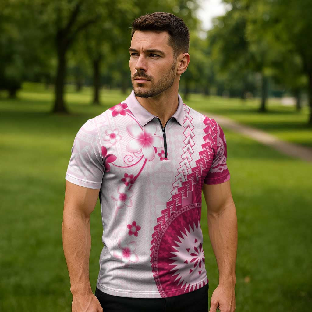 Bula Fiji Zipper Polo Shirt Pink Plumeria Masi Tapa Pattern LT05 - Polynesian Pride