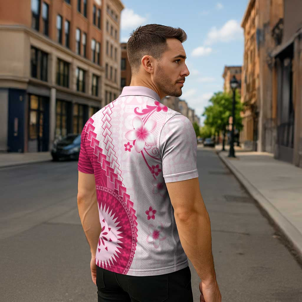 Bula Fiji Zipper Polo Shirt Pink Plumeria Masi Tapa Pattern LT05 - Polynesian Pride
