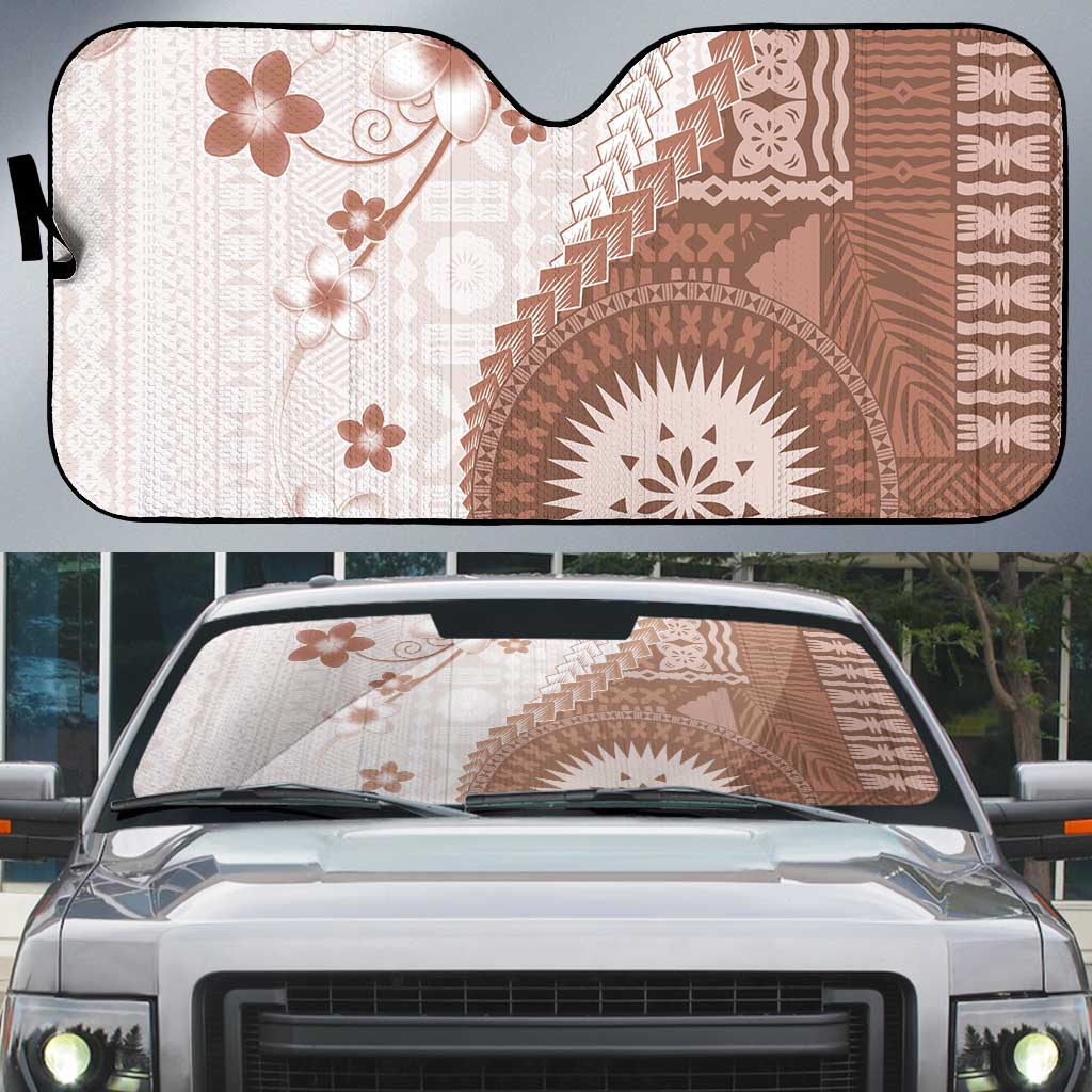 Bula Fiji Auto Sun Shade Brown Plumeria Masi Tapa Pattern - Polynesian Pride