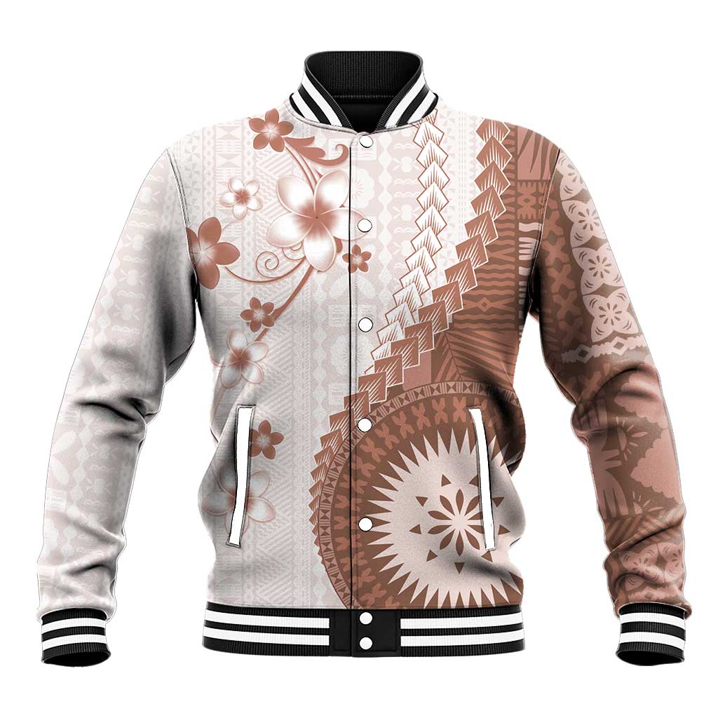 Bula Fiji Baseball Jacket Brown Plumeria Masi Tapa Pattern LT05 Unisex Brown - Polynesian Pride