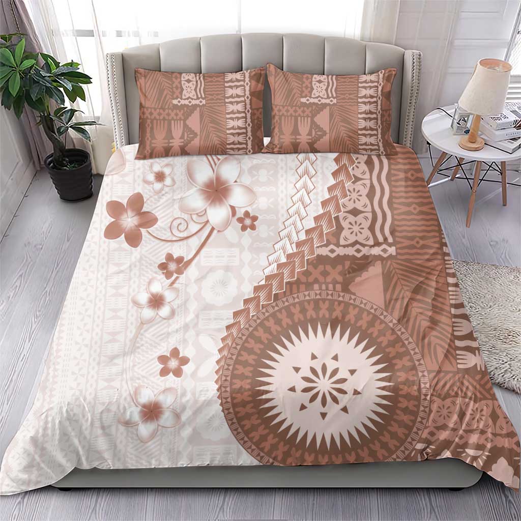 Bula Fiji Bedding Set Brown Plumeria Masi Tapa Pattern - Polynesian Pride