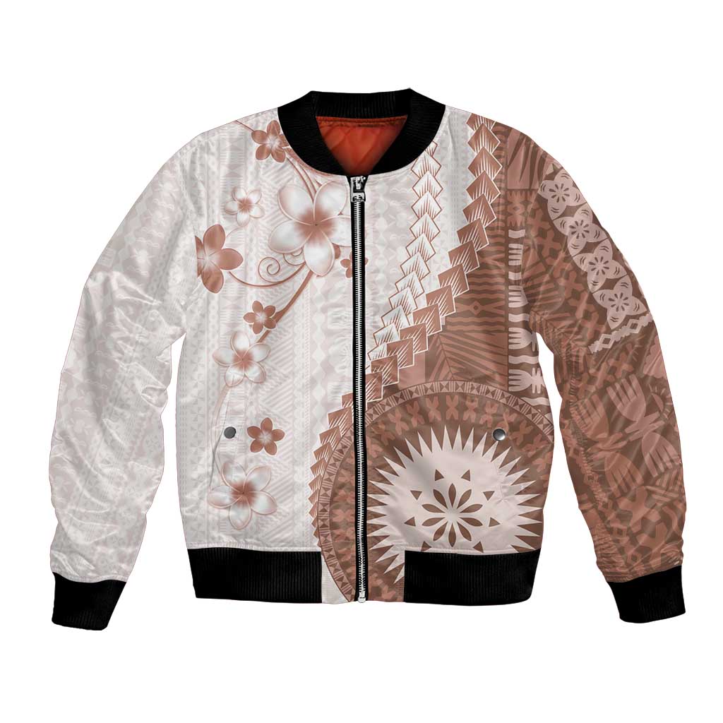 Bula Fiji Bomber Jacket Brown Plumeria Masi Tapa Pattern - Polynesian Pride