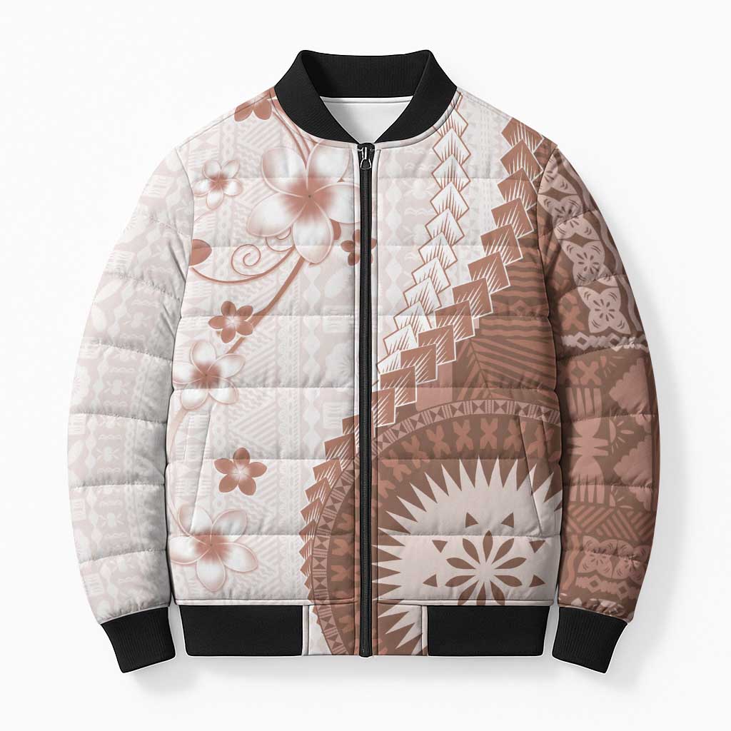 Bula Fiji Bomber Puffer Jacket Brown Plumeria Masi Tapa Pattern LT05 Unisex Brown - Polynesian Pride