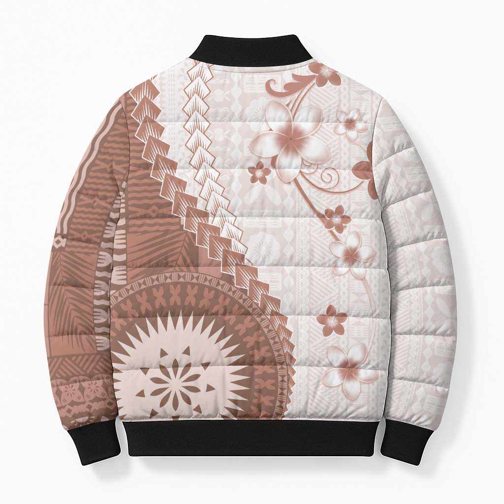 Bula Fiji Bomber Puffer Jacket Brown Plumeria Masi Tapa Pattern LT05 - Polynesian Pride