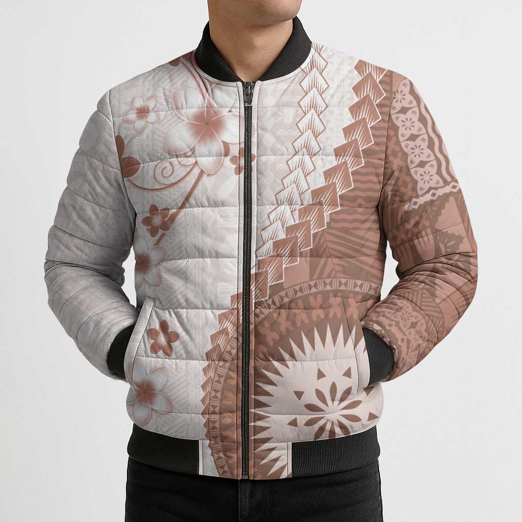 Bula Fiji Bomber Puffer Jacket Brown Plumeria Masi Tapa Pattern LT05 - Polynesian Pride