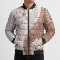 Bula Fiji Bomber Puffer Jacket Brown Plumeria Masi Tapa Pattern LT05 - Polynesian Pride