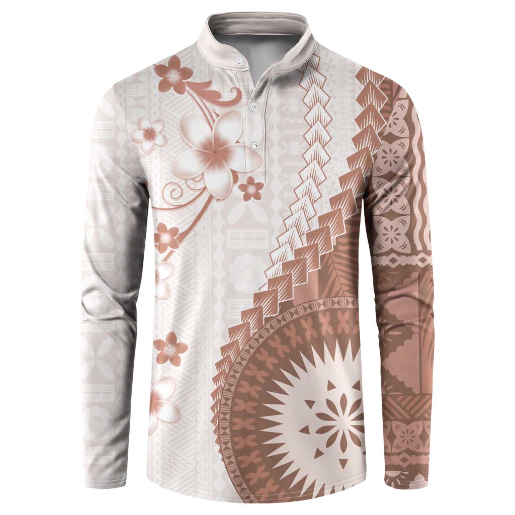 Bula Fiji Button Sweatshirt Brown Plumeria Masi Tapa Pattern LT05 Brown - Polynesian Pride