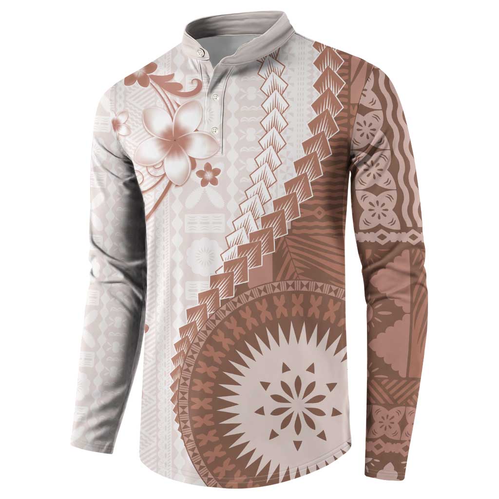 Bula Fiji Button Sweatshirt Brown Plumeria Masi Tapa Pattern LT05 - Polynesian Pride