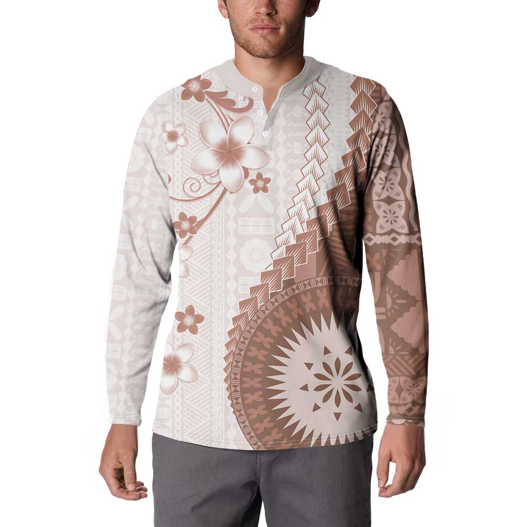 Bula Fiji Button Sweatshirt Brown Plumeria Masi Tapa Pattern LT05 - Polynesian Pride