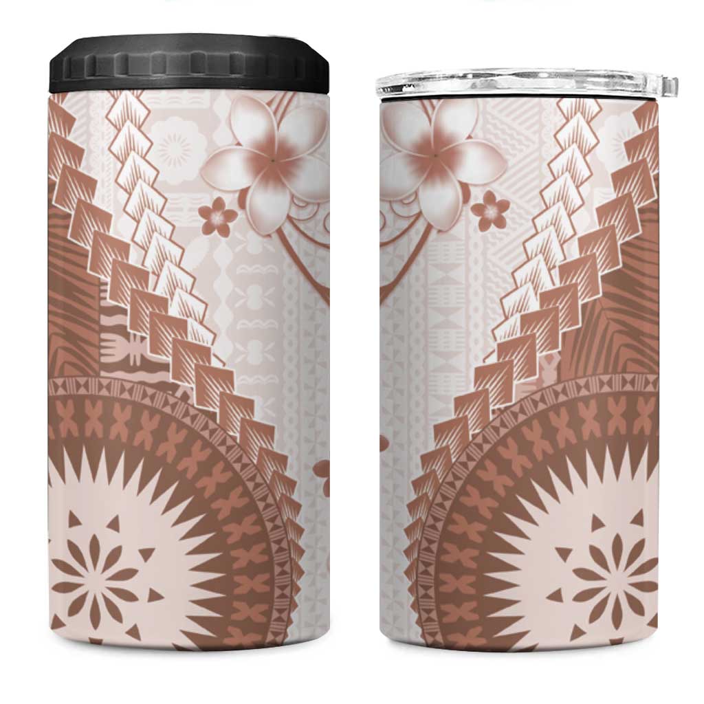 Bula Fiji 4 in 1 Can Cooler Tumbler Brown Plumeria Masi Tapa Pattern - Polynesian Pride