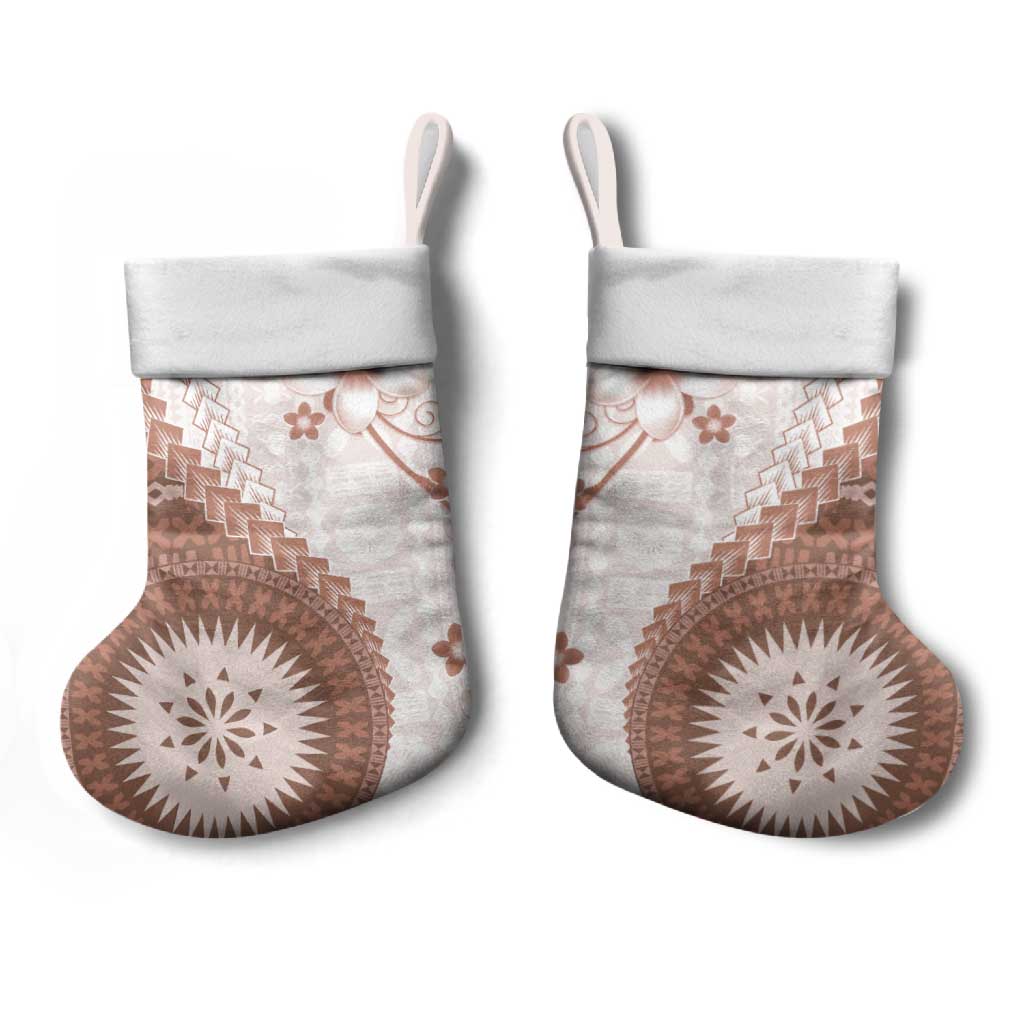 Bula Fiji Christmas Stocking Brown Plumeria Masi Tapa Pattern - Polynesian Pride