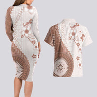 Bula Fiji Couples Matching Long Sleeve Bodycon Dress and Hawaiian Shirt Brown Plumeria Masi Tapa Pattern - Polynesian Pride