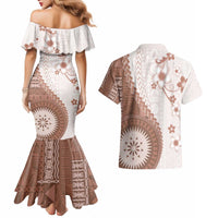 Bula Fiji Couples Matching Mermaid Dress and Hawaiian Shirt Brown Plumeria Masi Tapa Pattern - Polynesian Pride
