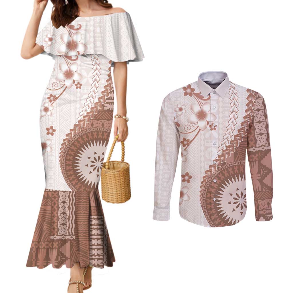 Bula Fiji Couples Matching Mermaid Dress and Long Sleeve Button Shirt Brown Plumeria Masi Tapa Pattern LT05 Brown - Polynesian Pride