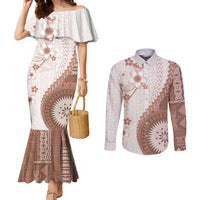 Bula Fiji Couples Matching Mermaid Dress and Long Sleeve Button Shirt Brown Plumeria Masi Tapa Pattern LT05 Brown - Polynesian Pride