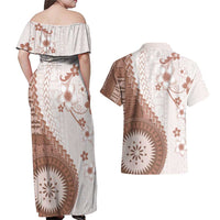 Bula Fiji Couples Matching Off Shoulder Maxi Dress and Hawaiian Shirt Brown Plumeria Masi Tapa Pattern - Polynesian Pride