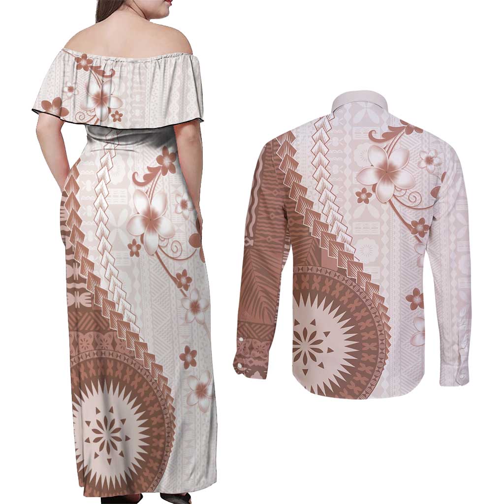 Bula Fiji Couples Matching Off Shoulder Maxi Dress and Long Sleeve Button Shirt Brown Plumeria Masi Tapa Pattern - Polynesian Pride