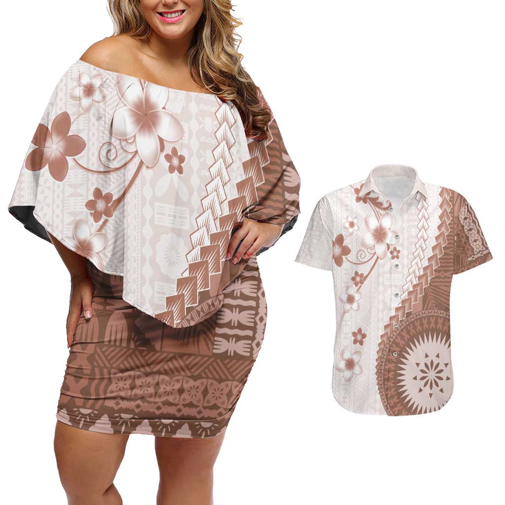 Bula Fiji Couples Matching Off Shoulder Short Dress and Hawaiian Shirt Brown Plumeria Masi Tapa Pattern - Polynesian Pride