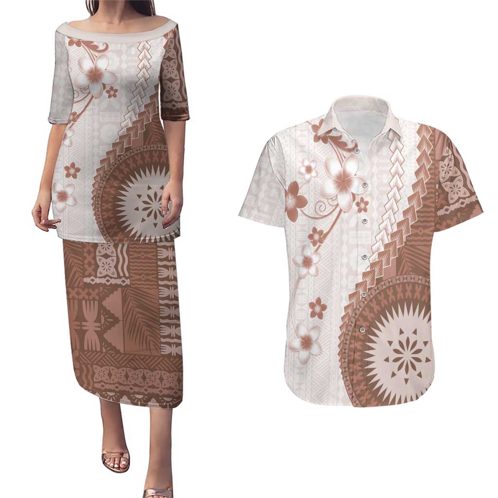 Bula Fiji Couples Matching Puletasi and Hawaiian Shirt Brown Plumeria Masi Tapa Pattern LT05 Brown - Polynesian Pride