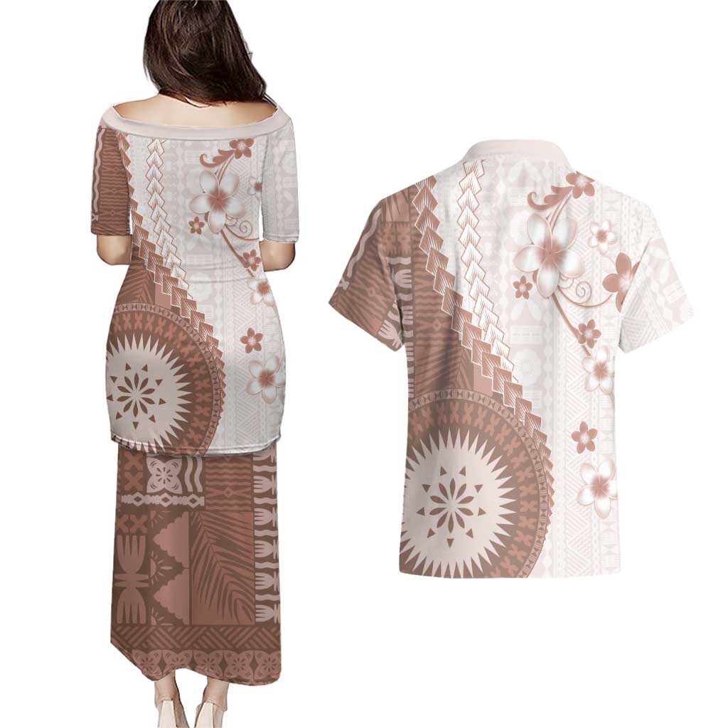 Bula Fiji Couples Matching Puletasi and Hawaiian Shirt Brown Plumeria Masi Tapa Pattern LT05 - Polynesian Pride