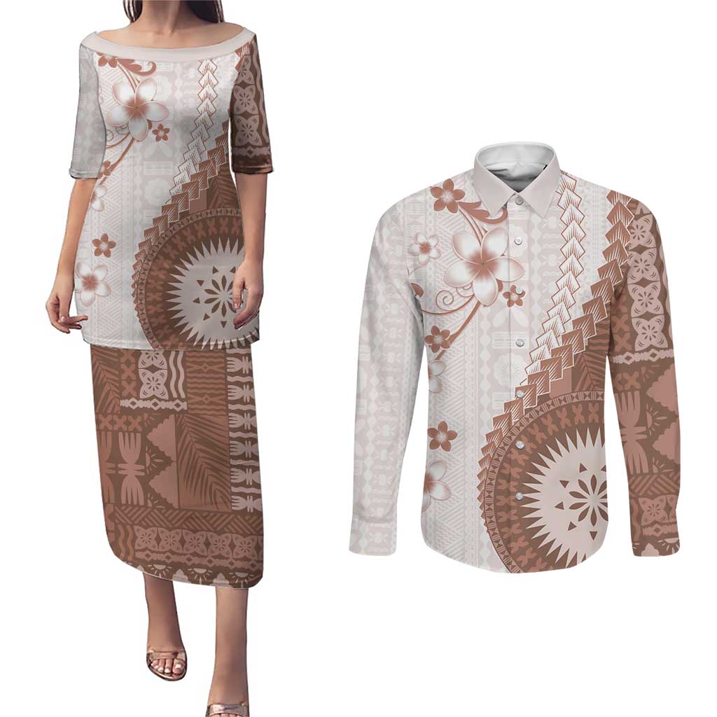 Bula Fiji Couples Matching Puletasi and Long Sleeve Button Shirt Brown Plumeria Masi Tapa Pattern LT05 Brown - Polynesian Pride