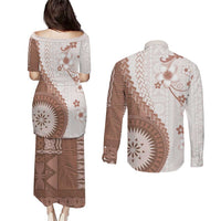 Bula Fiji Couples Matching Puletasi and Long Sleeve Button Shirt Brown Plumeria Masi Tapa Pattern - Polynesian Pride