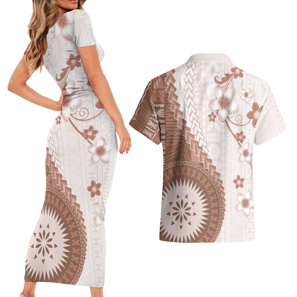 Bula Fiji Couples Matching Short Sleeve Bodycon Dress and Hawaiian Shirt Brown Plumeria Masi Tapa Pattern - Polynesian Pride