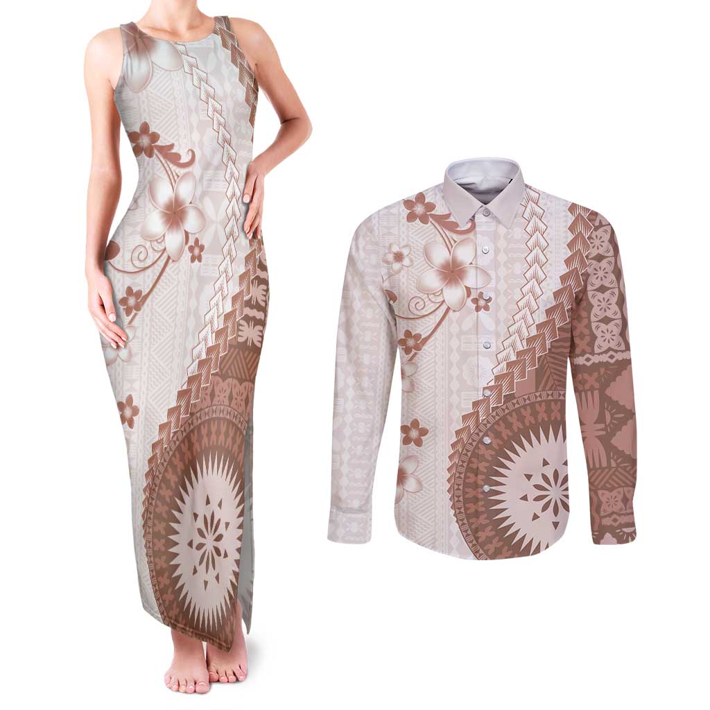 Bula Fiji Couples Matching Tank Maxi Dress and Long Sleeve Button Shirt Brown Plumeria Masi Tapa Pattern - Polynesian Pride