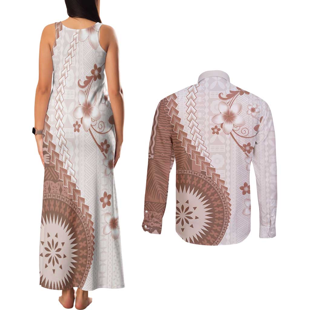 Bula Fiji Couples Matching Tank Maxi Dress and Long Sleeve Button Shirt Brown Plumeria Masi Tapa Pattern LT05 - Polynesian Pride