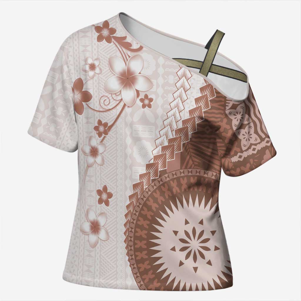 Bula Fiji Cross Shoulder Shirt Brown Plumeria Masi Tapa Pattern LT05 Female Brown - Polynesian Pride