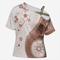 Bula Fiji Cross Shoulder Shirt Brown Plumeria Masi Tapa Pattern LT05 Female Brown - Polynesian Pride